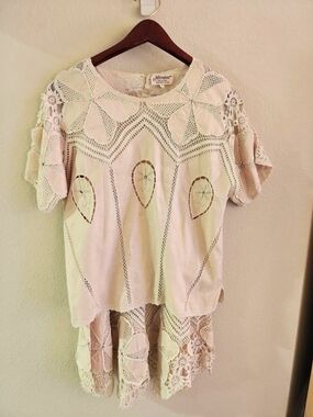 Vtg 80s Miramar Hand Crochet Lace 2-Piece Set Cream S